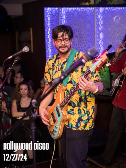We often have live bands join us at Bollywood Disco. Here's a shot of the bassist from The Kominas laying down a funky groove during our Bolliday Edition.