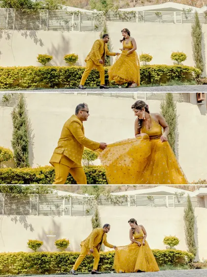 A sequence of playful interactions during the shoot. This collage shows the groom playfully helping with the bride's lehenga, resulting in genuine laughter. It’s a great way to document the fun, behind-the-scenes moments.