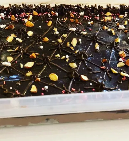 This is my Brownie Delight, a showstopping dessert for any party. It's a tray of my fudgy brownies covered in a rich chocolate ganache, nuts, and sprinkles.