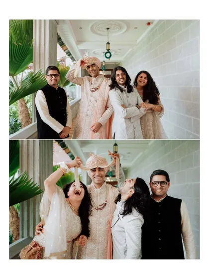 A fun and playful moment between the groom and his wedding party, capturing the joy and camaraderie of the day.