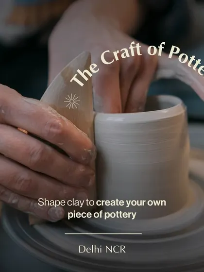 A close-up of hands shaping a vessel on the potter's wheel. This image captures the essence of our pottery craft experience, where you connect with the clay and guide it into a form that is uniquely yours.