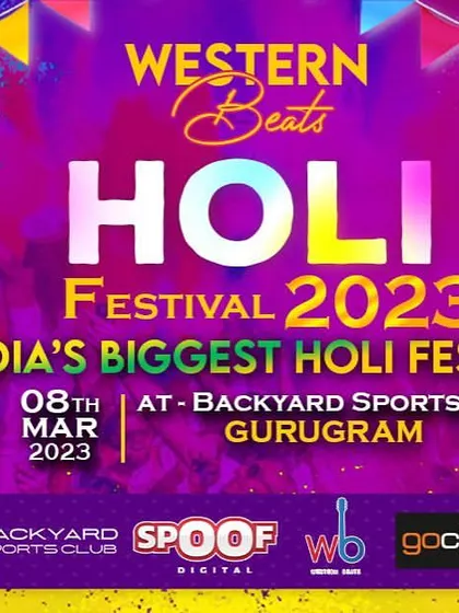 A vibrant banner for the 'Western Beats Holi Festival 2023', promoted as India's biggest Holi festival, held at our club.
