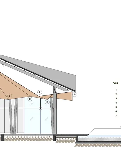 A technical section of the Lotus Cafe, showing the precise geometry and height points of the faceted ceiling that gives the interior its unique character.