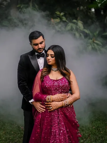 A stunning reception look at the Taj Westend. We use dramatic lighting and elegant backdrops to create sophisticated and timeless portraits for your evening events.