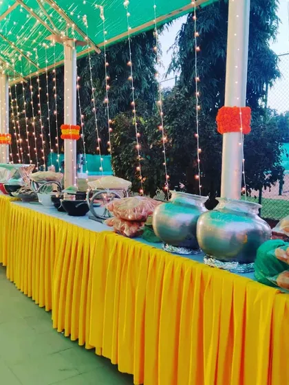 A view of our buffet line at a Mehandi dinner, featuring a mix of main courses and live stations like our Pani Puri counter.