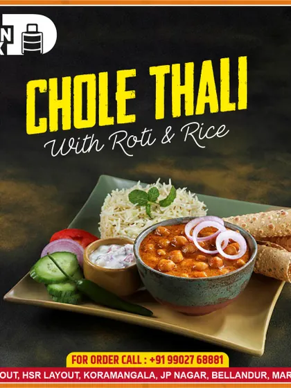 My Chole Thali is a complete meal in itself. It features spicy and tangy chickpea curry served with soft rotis, fluffy rice, raita, and a side of fresh salad, making for a truly satisfying lunch or dinner.