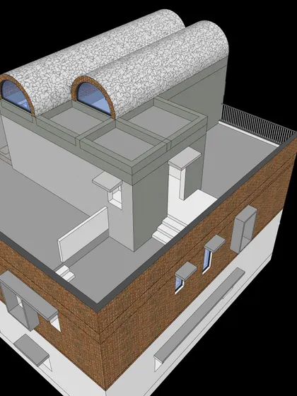 A 3D render showing the roof structure of the Brick Vault House. The dual barrel vaults are topped with a broken china mosaic to reflect heat, a detail planned from the early design stages.