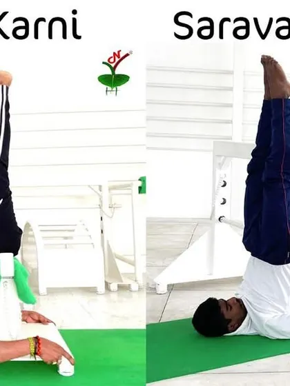 People often confuse Viparita Karani and Sarvangasana. This image shows the difference, demonstrating how I use props in both poses to achieve the desired alignment for benefits like thyroid stimulation and mental calmness.