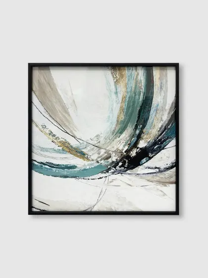 The dynamic brushstrokes and energy of this abstract piece are perfectly balanced by the clean, simple lines of a square black metal frame.