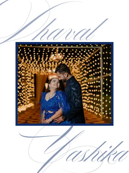 A beautifully designed graphic featuring a romantic couple portrait from their Sangeet night, framed by their names in elegant script.