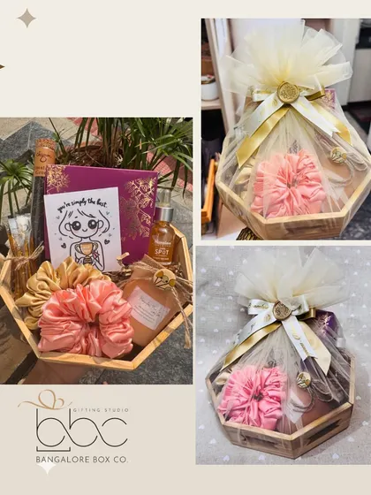 Our beautiful hexagonal Mother's Day giveaway hamper, all wrapped up and ready to go. The elegant packaging with a big tulle bow makes the gift feel extra special.