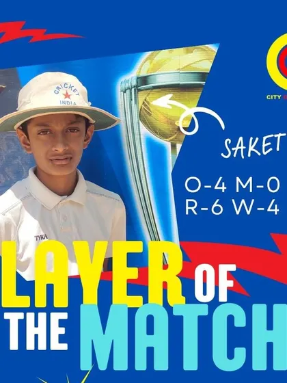 A graphic celebrating Saketh as Player of the Match for his incredible bowling spell of 4 overs, 6 runs, and 4 wickets.