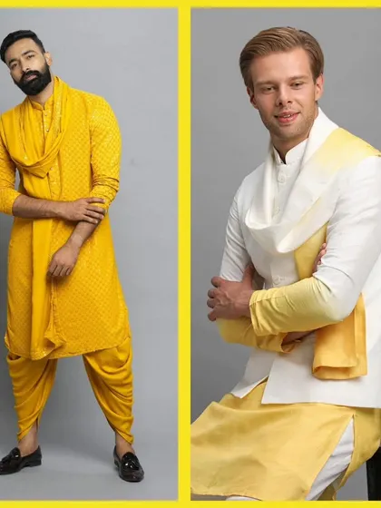 A yellow dhoti-kurta set and a white and yellow bandi set. Two unique pre-loved looks for making a style statement at any traditional event.