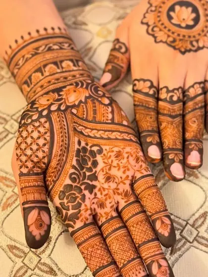 A closer look at the full hand design, showing both the palm and the back of the hand. This allows you to see how the different patterns connect and create a complete look.
