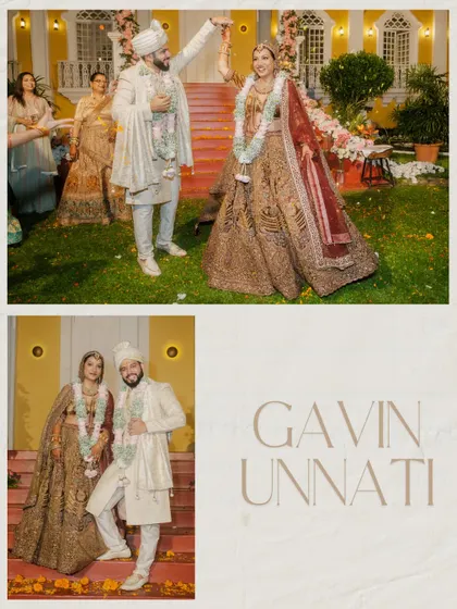 A collage of the couple during their Goa wedding, showing their grand varmala exchange and a stylish portrait on the venue's steps.