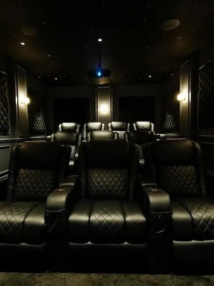 A head-on view of the seating, showcasing the perfect symmetry of the room's design. The wall sconces provide a warm, ambient glow that complements the dark interior.