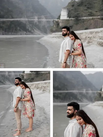 A collage of a couple sharing a quiet, intimate moment by the river in Rishikesh, with the mountains in the background.
