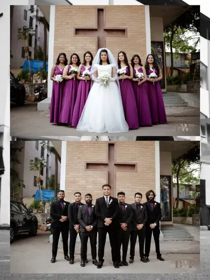 A collage of the bride with her bridesmaids in purple and the groom with his groomsmen in black. These are the essential portraits with the wedding party.