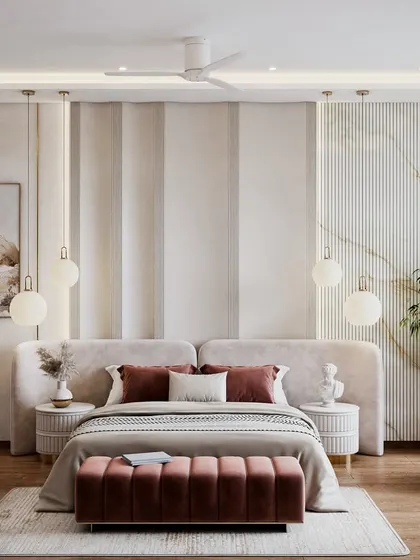 A 3D visualization of the same master bedroom, showing the interplay of light from the large window with the neutral palette and rich textures.