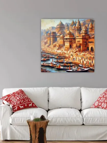 Immortalize your travels with a custom painting. This piece captures the iconic ghats of Varanasi, turning a photograph or memory into a vibrant work of art that tells a story.