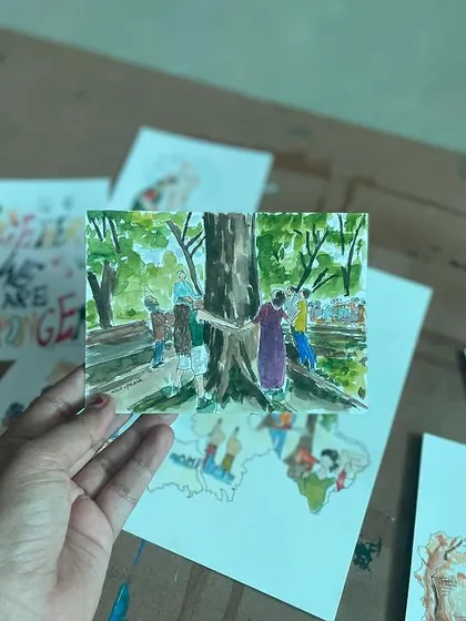 A small watercolour painting depicting the Chipko movement, created as part of a custom illustration series about social action.