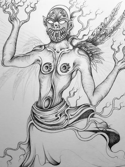 A progress shot of the winged surreal creature.