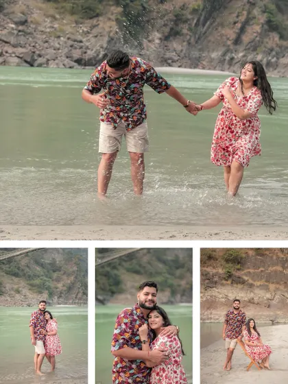 Playful shots of the couple splashing in the river, capturing their fun-loving and adventurous spirit.