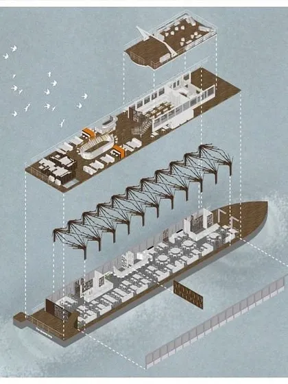 An exploded axonometric drawing of the Queensline Sea Yah. This technical illustration deconstructs the boat's four levels, revealing the spatial arrangement of the banquet halls, open-air bar, VIP lounge, and structural elements.