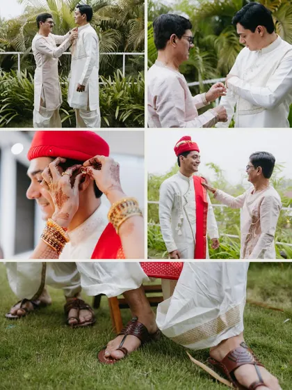 A collage of the groom's getting ready moments for his Maharashtrian wedding, including details of his traditional attire and help from family.