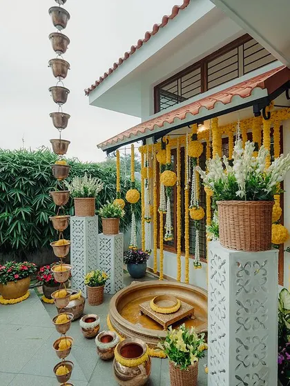 Another view of the residence Haldi decor, showing the beautiful interplay of traditional elements and natural textures.