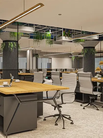 Another view of The Baker's Dozen office concept. We used hanging planters and greenery to bring a fresh, biophilic element to the workspace, promoting a sense of well-being.