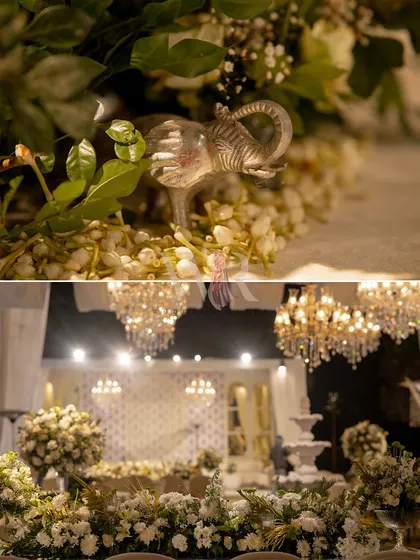 A collage of details. The top frame shows the miniature silver elephant, and the bottom shows a wider view of the floral-filled tablescape, demonstrating how small details contribute to the grander vision.