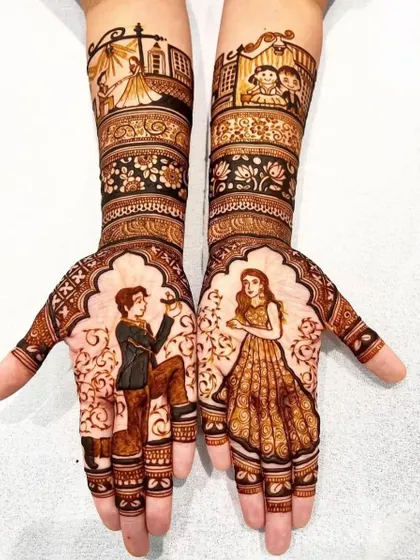 A romantic proposal scene captured in henna. I can design any part of your love story, from how you met to the proposal, making your mehandi extra special.