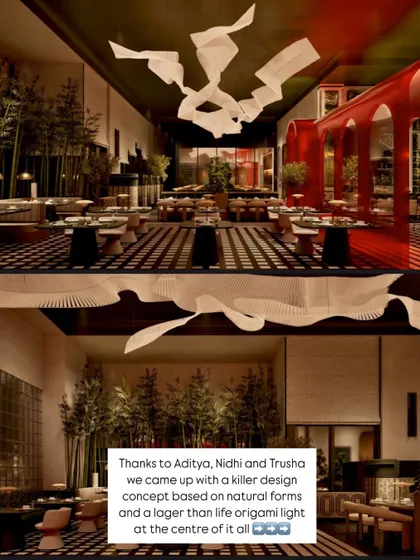 A behind-the-scenes look at our design concept presentation, showing the renders for the origami installation and the overall natural-form-based theme developed by our amazing team.