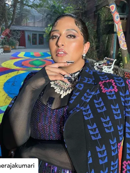 Another angle of the full look for The Raja Kumari, showing how the nails tie into the edgy, high-fashion vibe.
