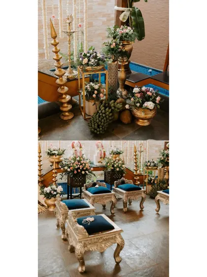 A collage showing the details of a traditional ceremony setup. We used elegant silver chairs with blue velvet cushions, tall brass lamps, and beautiful floral arrangements in brass pots to create a cohesive and regal look.