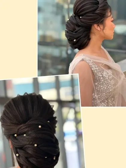 A collage of two beautiful updos. One is a classic braided bun with pearls, and the other is a more modern, voluminous style, showing the range of our training.