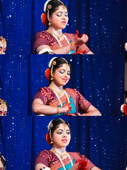 A series of close-up shots focusing on the expressive hand gestures, or mudras, of a Bharatanatyam dancer during her performance.
