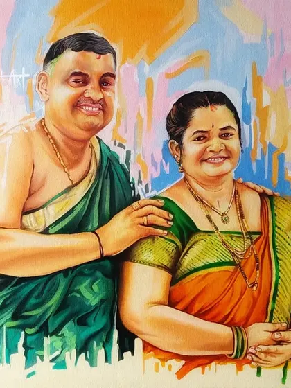 A close-up of a commissioned couple's portrait, showing the blend of realistic features with a colorful, expressive background.