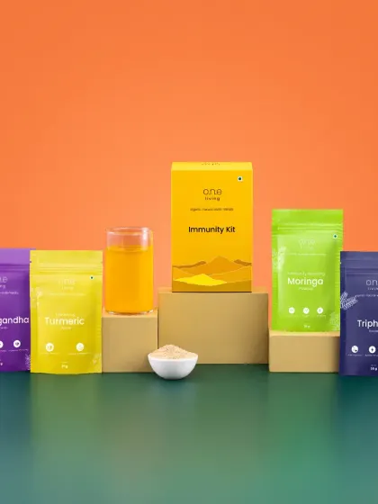 A bold and clean setup for One Living's Immunity Kit. We used the brand's vibrant colors in the background and minimalist props to make the colorful product packaging the star of the show.