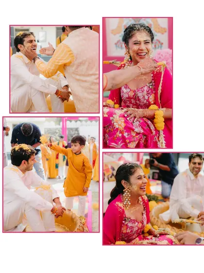 A collage of playful moments from a Haldi ceremony, showing the bride and groom being smeared with haldi by family and friends.