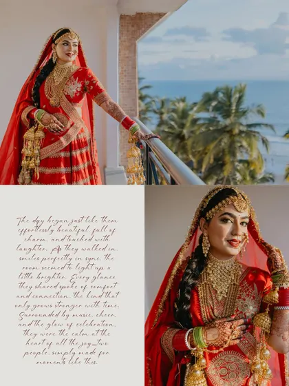 A collage of the bride on her wedding day, with portraits taken against the beautiful backdrop of the Goa sea. The text overlay adds a poetic touch to her bridal story.