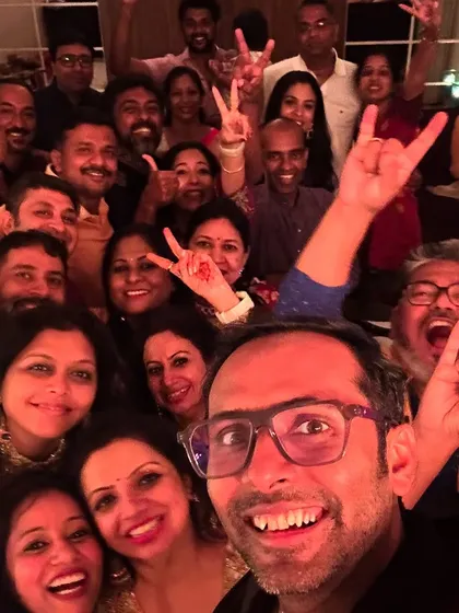 A packed house party selfie after one of four gigs in two days. The energy in the room was incredible, with everyone singing and celebrating with us.