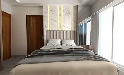 A master bedroom design for our Ghatkopar project. The headboard wall features a marble panel with vertical light strips, creating a dramatic and luxurious focal point.
