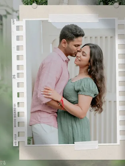 A film-strip edit of a sweet forehead kiss, perfect for a romantic announcement.