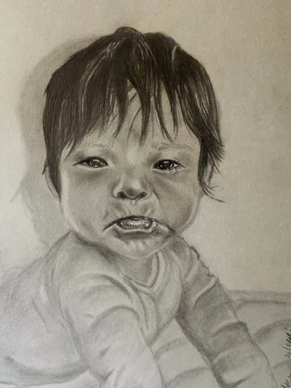 A graphite pencil sketch capturing the raw emotion of a crying baby. Portraiture is about capturing a moment and the feeling within it, and I explore this in my pencil portrait series.