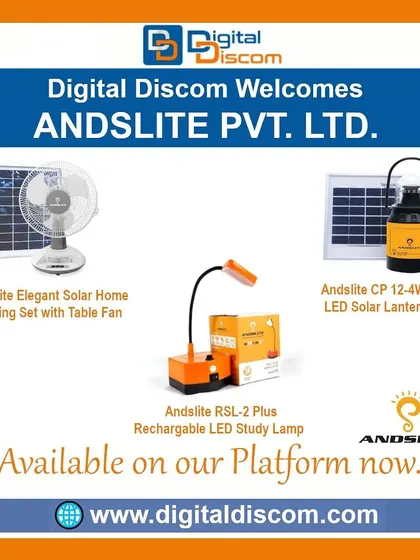 Andslite provides convenient solar-powered devices for everyday use. This selection includes an elegant solar home lighting set with a table fan, a rechargeable LED study lamp, and a solar lantern.