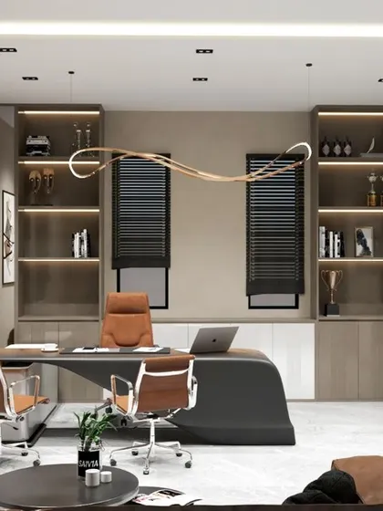 Full view of the modern MD cabin render, showing the integrated shelving for awards and books, a large screen for presentations, and a thoughtfully arranged seating area.