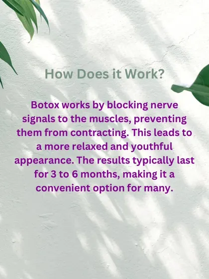 Botox works by blocking the nerve signals to specific muscles, preventing them from contracting and forming wrinkles. The results are a more relaxed and youthful appearance that typically lasts for three to six months. This makes it a convenient and effective option for maintaining smooth skin.