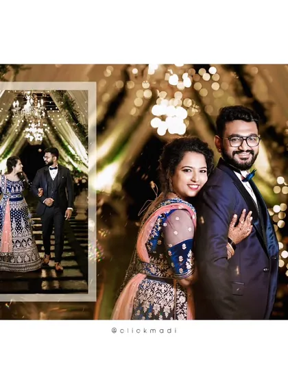 A beautiful collage from the reception, showing the couple's grand entrance and a lovely portrait of them together.